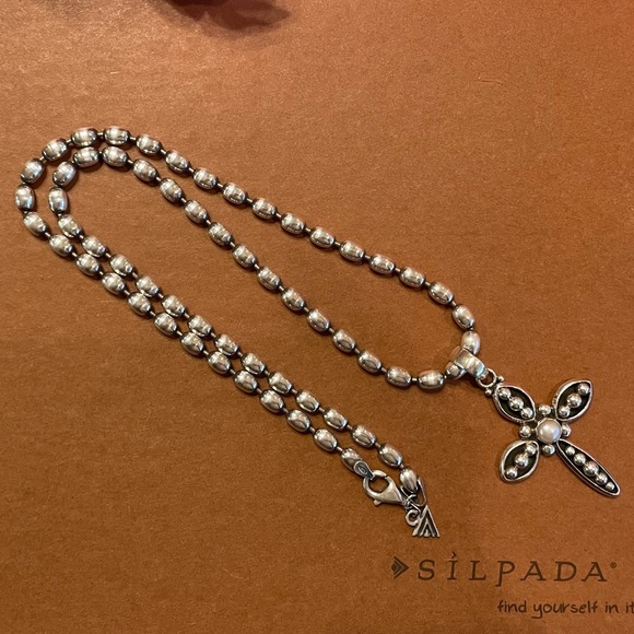 Silpada N1443 Polished Sterling Silver Oval Bead chain & Freshwater Pearl Cross - Picture 9 of 16